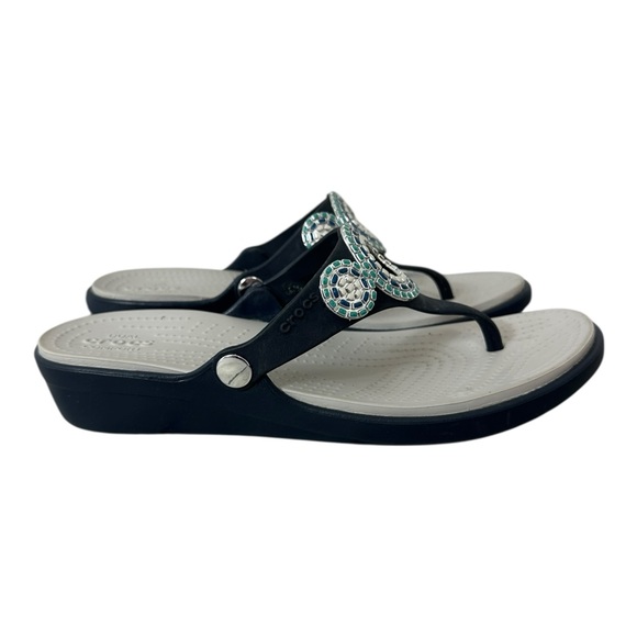 CROCS Shoes - Crocs Sanrah Diamante Wedge Flip Sandals Size 10 NAVY Embellished
